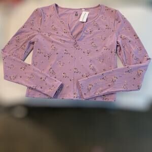 Me‎ too we lilac zip front cropped light sweater with floral flowers size large